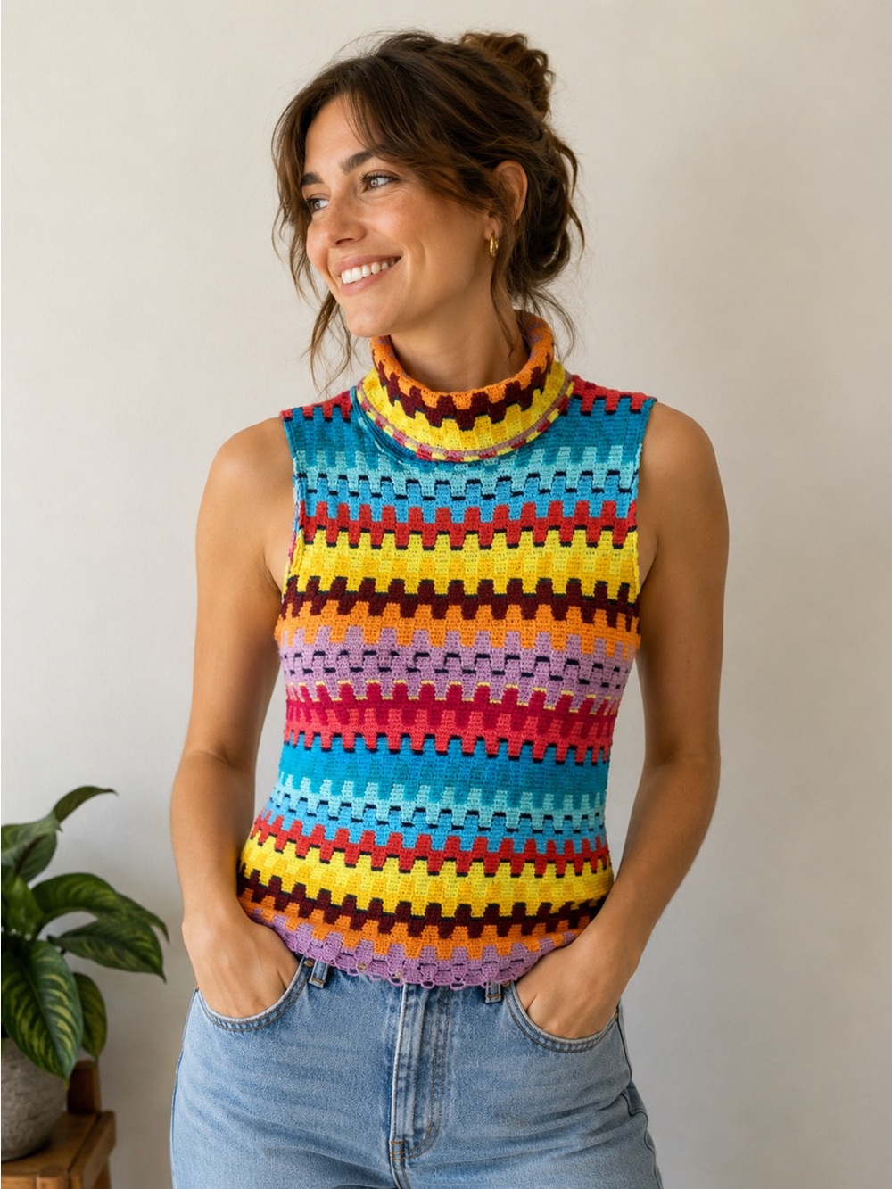 Colorful Striped Crochet Turtleneck Sleeveless Top Size L -Retro 70s Festival